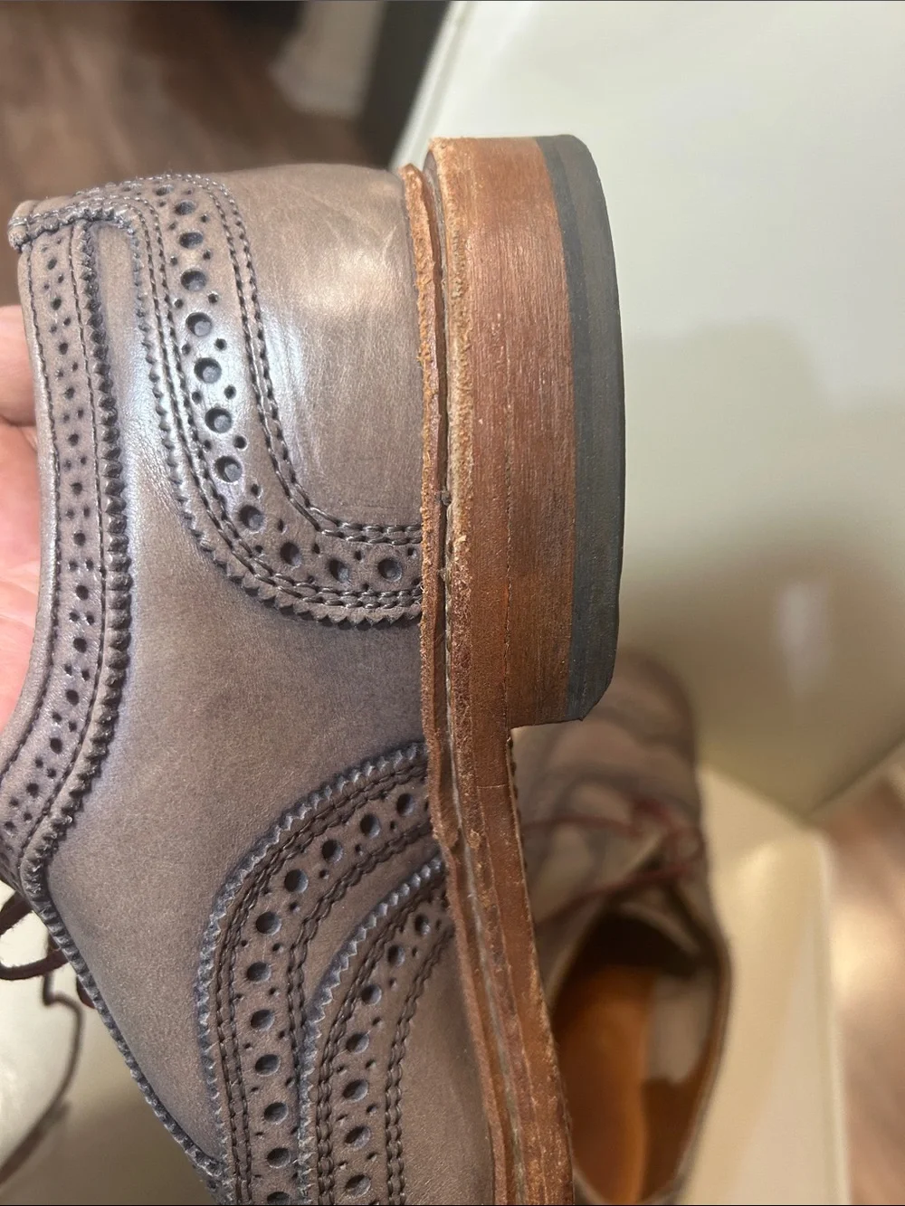 Allen Edmonds Taupe/Brown Brogue Wingtip Derby with Burgundy Laces GC/No Box